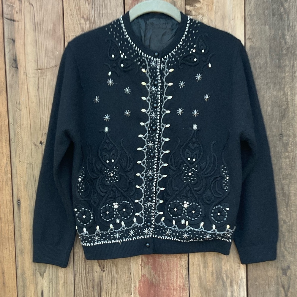 VTG Black Beaded Embroidered Angora Cardigan Sweater Small - Picture 5 of 6
